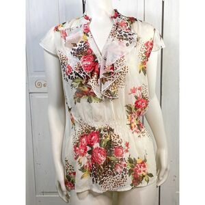 Xhilaration Floral Leopard Ruffle Peplum Blouse Sheer Cap Sleeve V-Neck Large